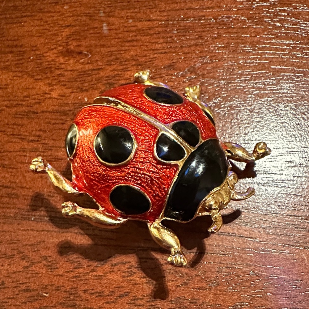 Vintage Ladybug Enamel Brooch Pin Signed Giovanni Red Black Gold Tone